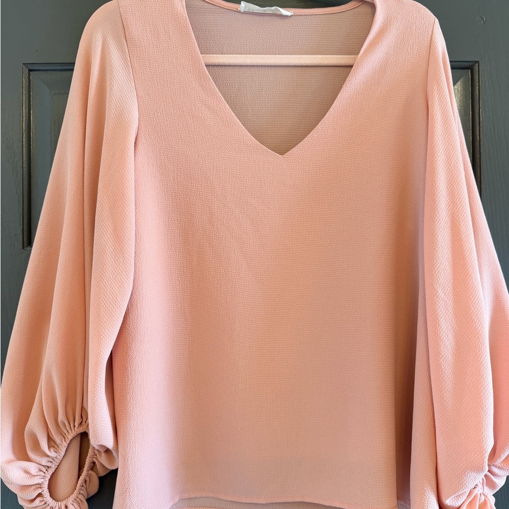 Vine & Love Peach Puff Sleeve V-Neck Blouse